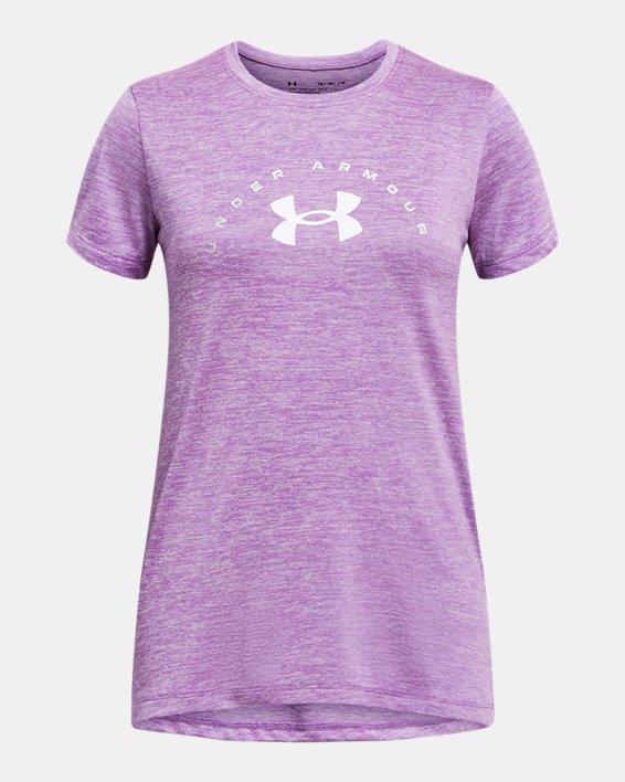 เสื้อแขนสั้น UA Tech™ Twist Arch Big Logo สำหรับเด็กผู้หญิง in Purple image number 0